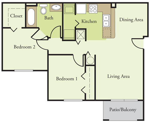 Floor plan for 2 beds, 1 bath, 890 sqft